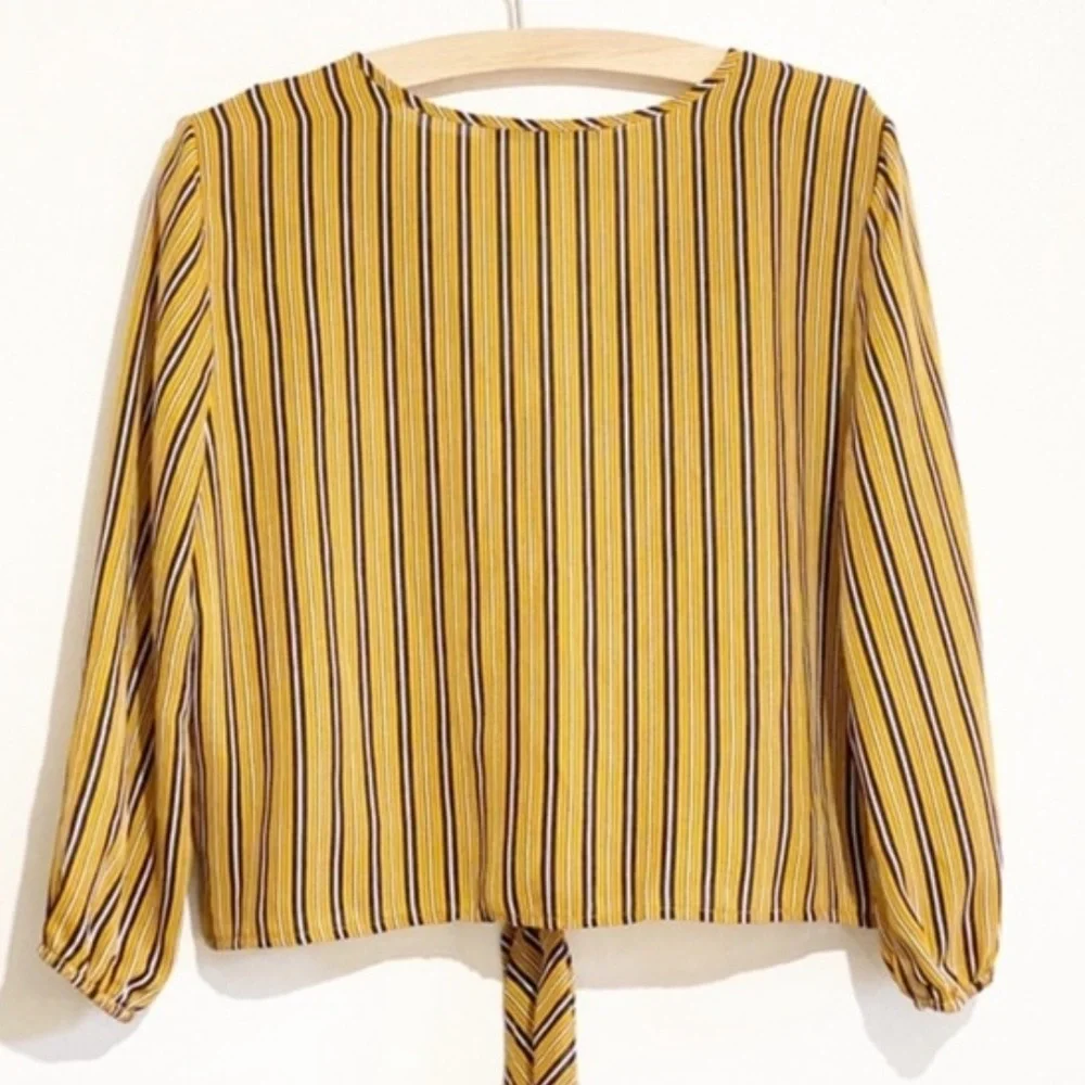 Daisy May mustard yellow and black vertical striped cropped front tie blouse - Picture 2 of 7